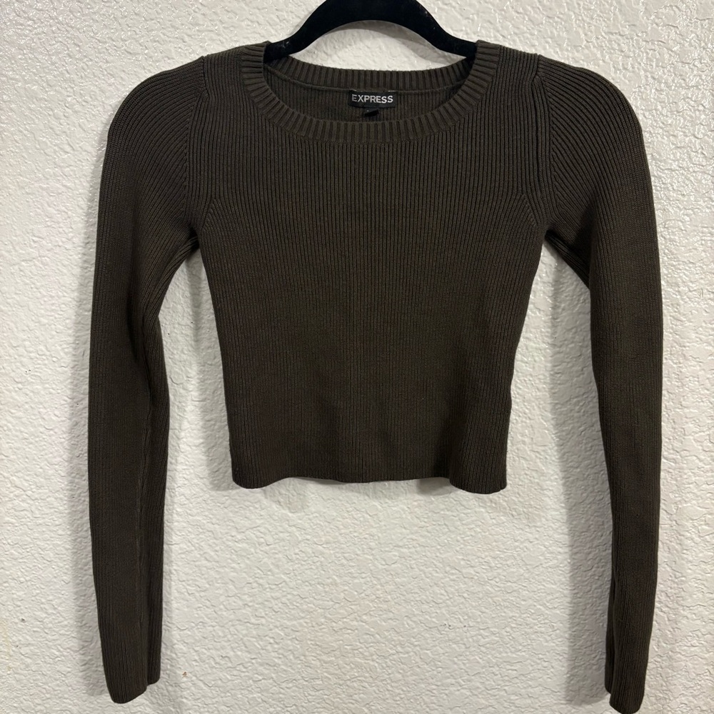 Express Ribbed Knit Cropped Sweater Top Women's XS Dark Forest Green Long Sleve‎